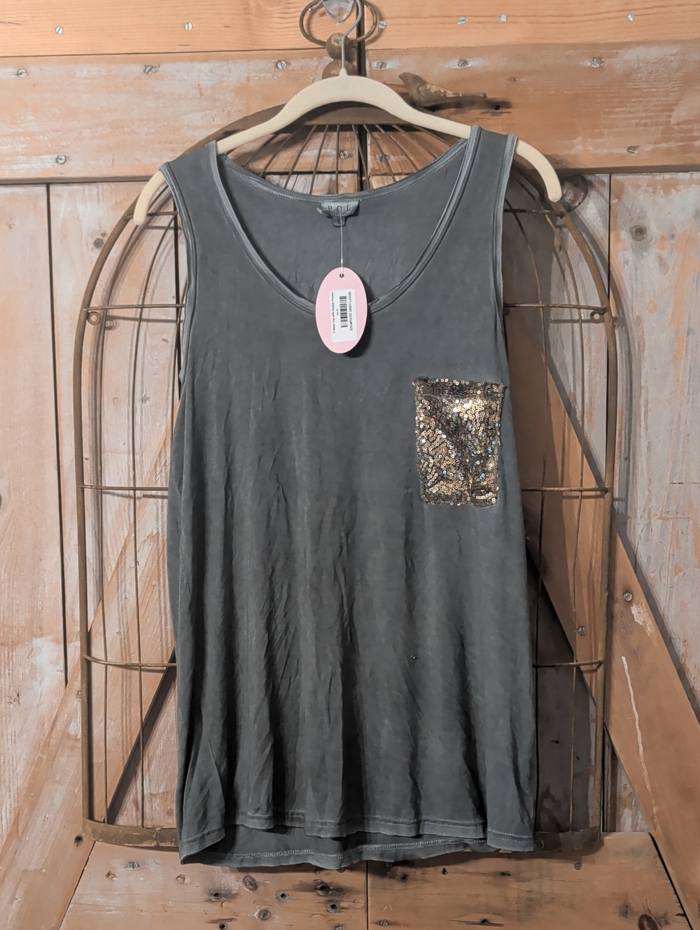 POL Sequin Pocket Tank Top - Gray